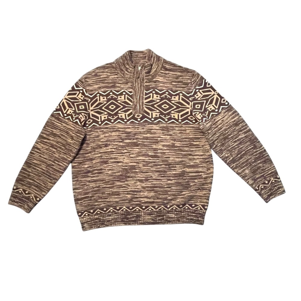 Paul‎ Jones 2XL Mens 1/4 Zip Sweater Aztec Pattern Brown Knit Pullover Cozy core